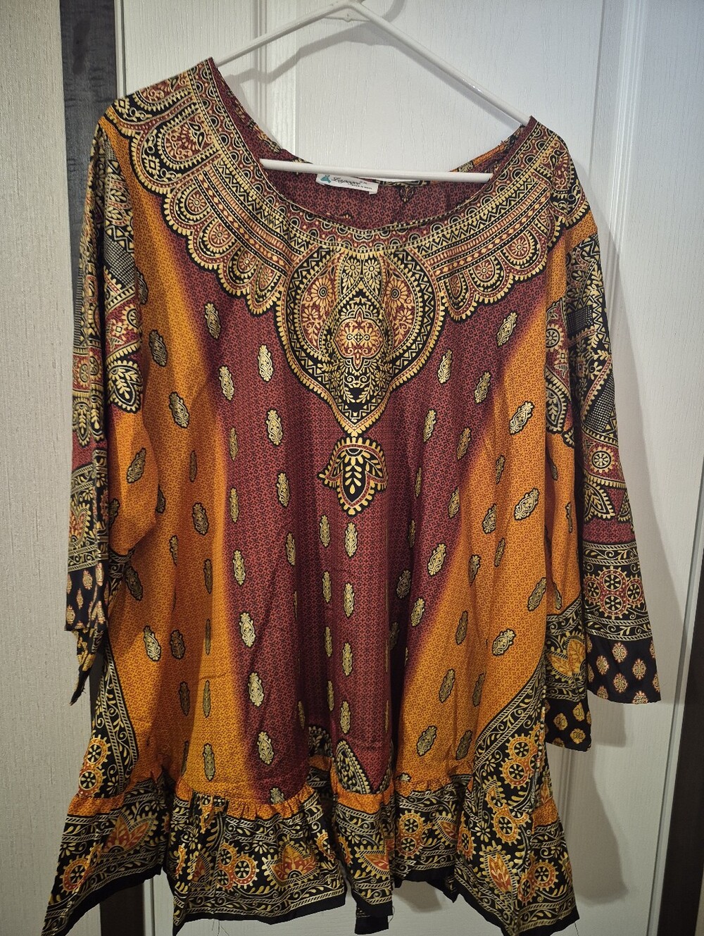 Boho Embroidered Paisley Tunic Top - Rust & Gold